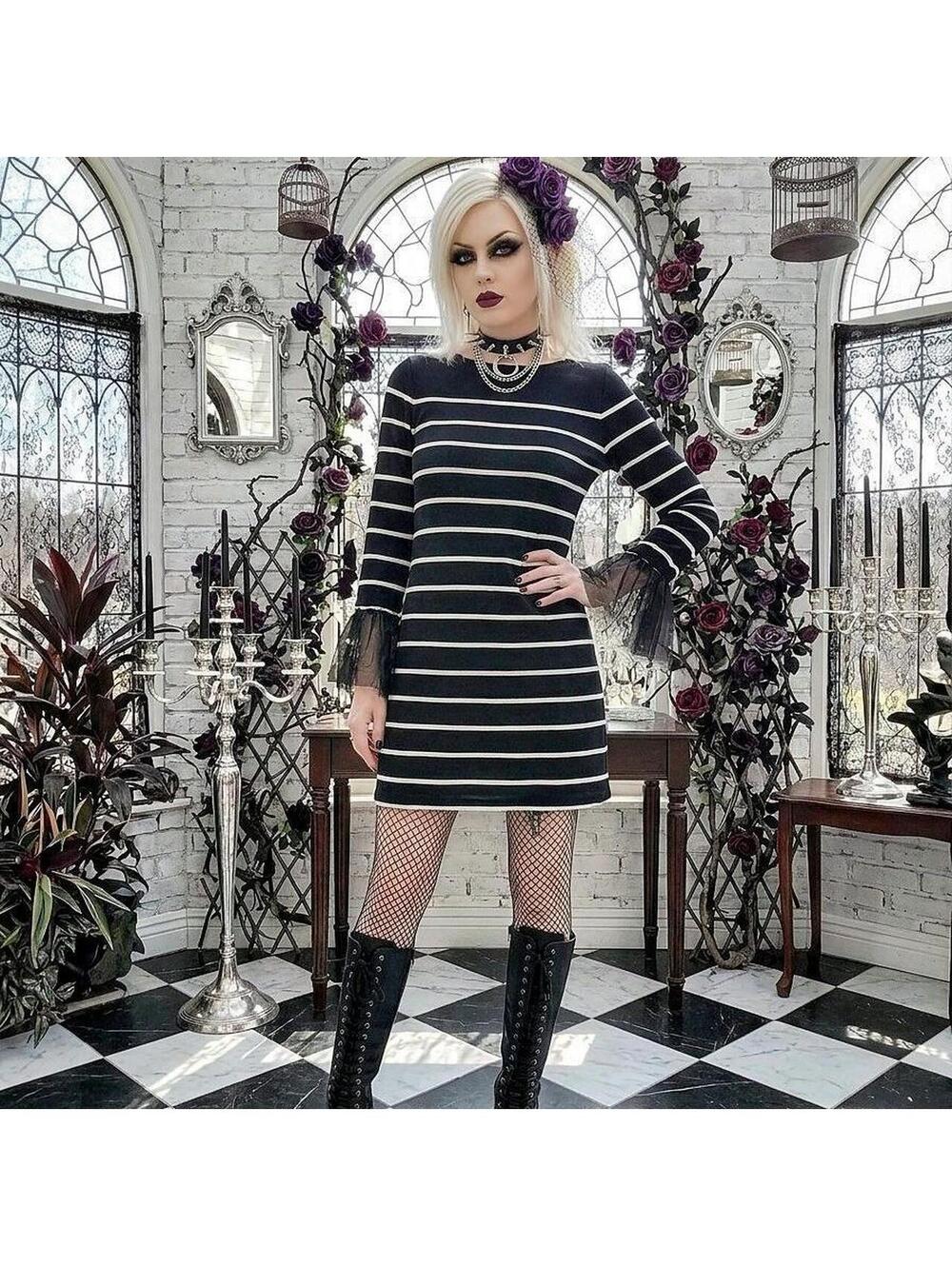 🖤 GOTHIC MESH-CUFF STRIPED MINI DRESS 🖤